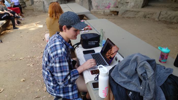 Technical Improviser Mary Chiefo sets up to score the show live<br>
[photo credit Ian Carroll]