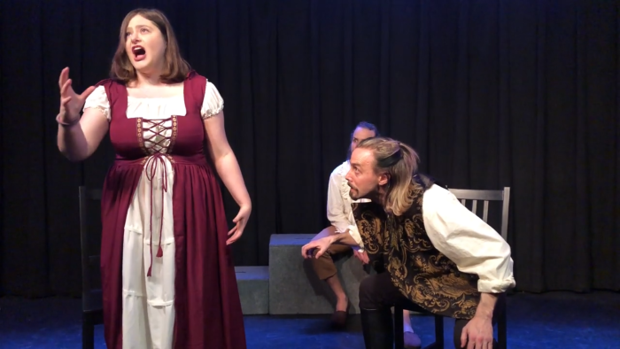 Raishel Wasserman delivers a made-up soliloquy as part of a cast of six improvisers in <em>Shakespeare Improvised</em>, Directed by Brian Lohmann in Impro Studio&rsquo;s black box theatre, early 2020